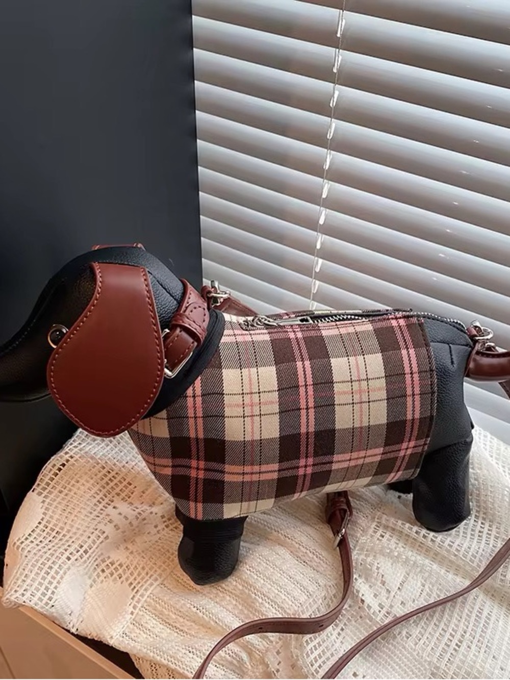 Plaid Dachshund Crossbody Bag in black and Brown